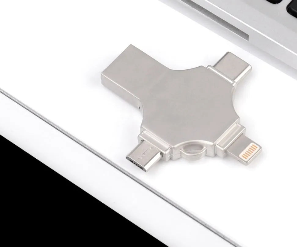 Metal mobile phone U disk with 4-in-1 iOS, Micro USB, Type-C and USB 3.0 connectors, 11g, in Silver