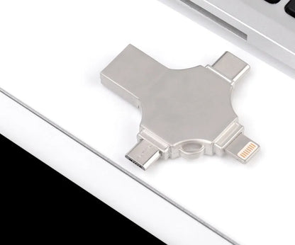 Metal mobile phone U disk with 4-in-1 iOS, Micro USB, Type-C and USB 3.0 connectors, 11g, in Silver