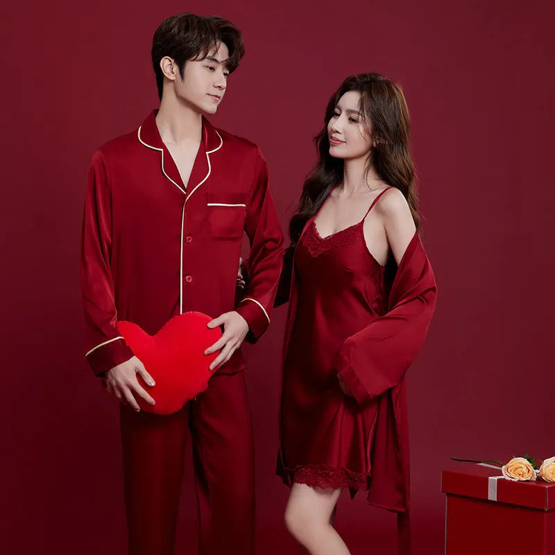 Red ice silk sleepwear set with long sleeves and trousers for men and women, lightweight fabric