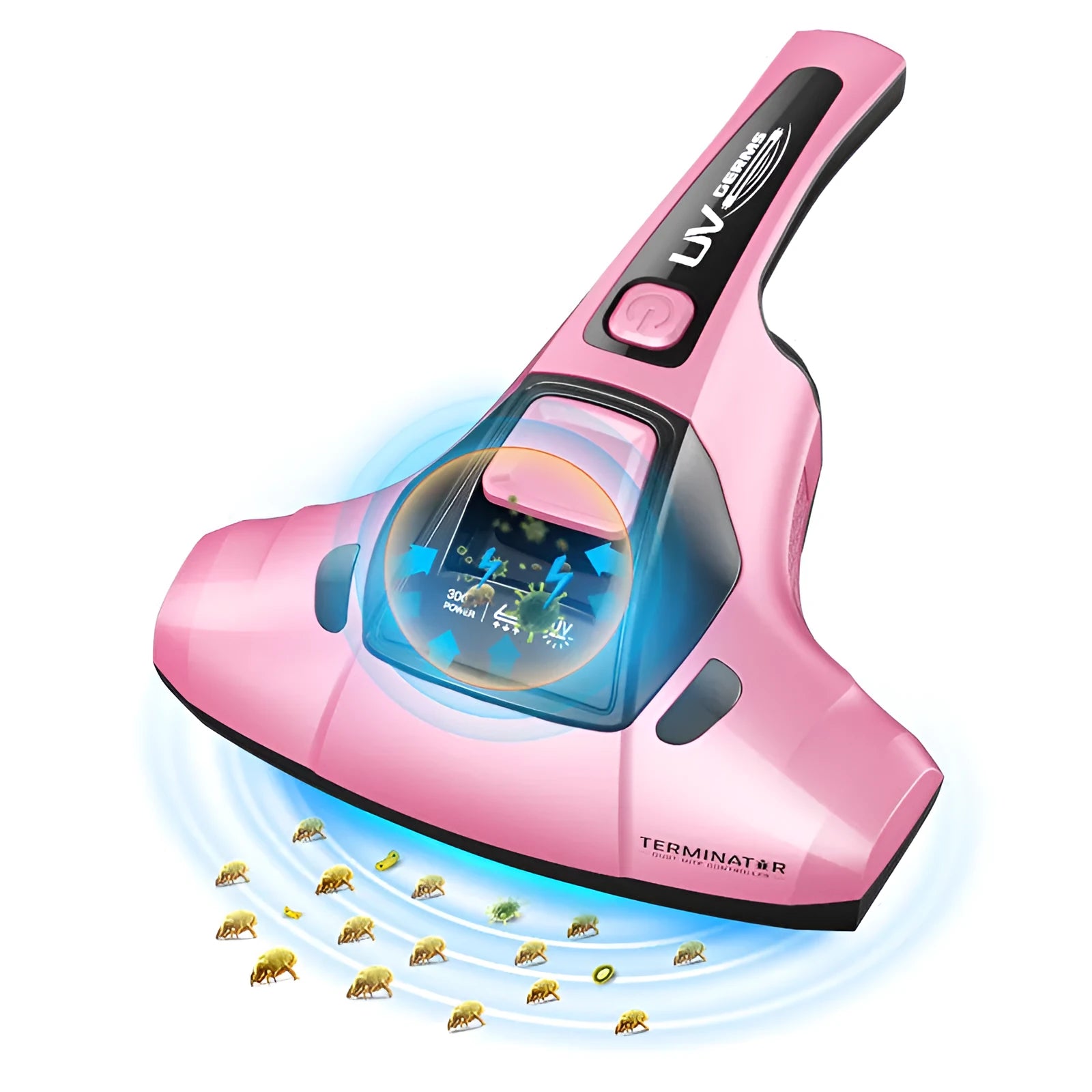 Handheld vacuum mite cleaner in pink colour with UK plug and cleaning attachments
