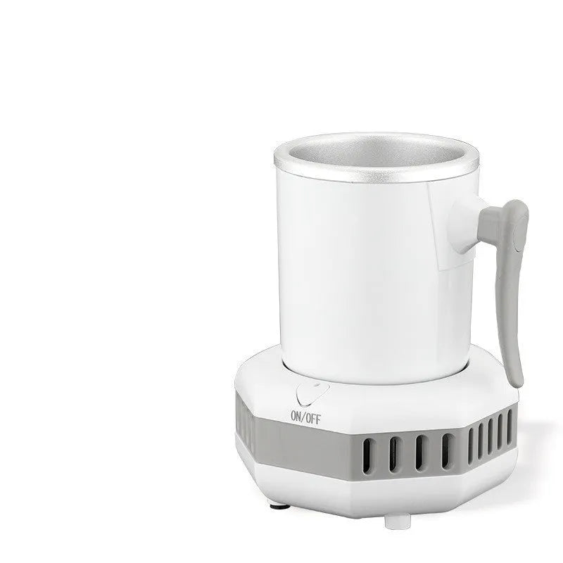 White quick refrigeration cup with aluminium drinking vessel on ABS base featuring one-button control