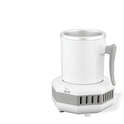 White quick refrigeration cup with aluminium drinking vessel on ABS base featuring one-button control
