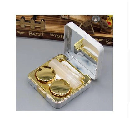 Square contact lenses case with marble surface and mirror, includes lens care accessories