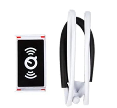 Neck phone holder with 360-degree rotating clamp in multiple colours, holding a smartphone