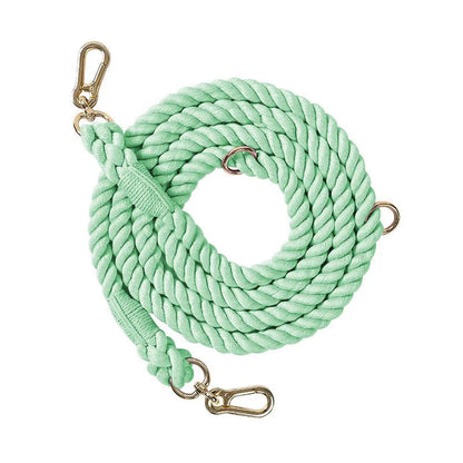 Woven rainbow pattern dog leash with double grip handles and a metal clasp.