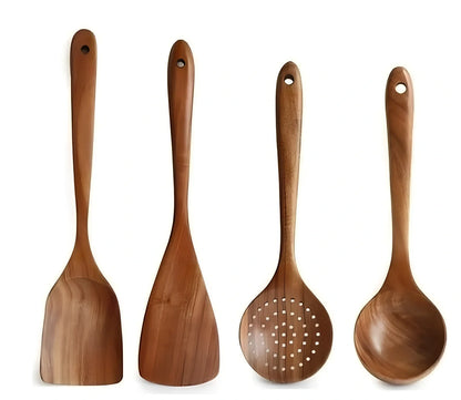Teak wood kitchen utensil set with five tools including frying shovel, rice spoon, and soup spoons