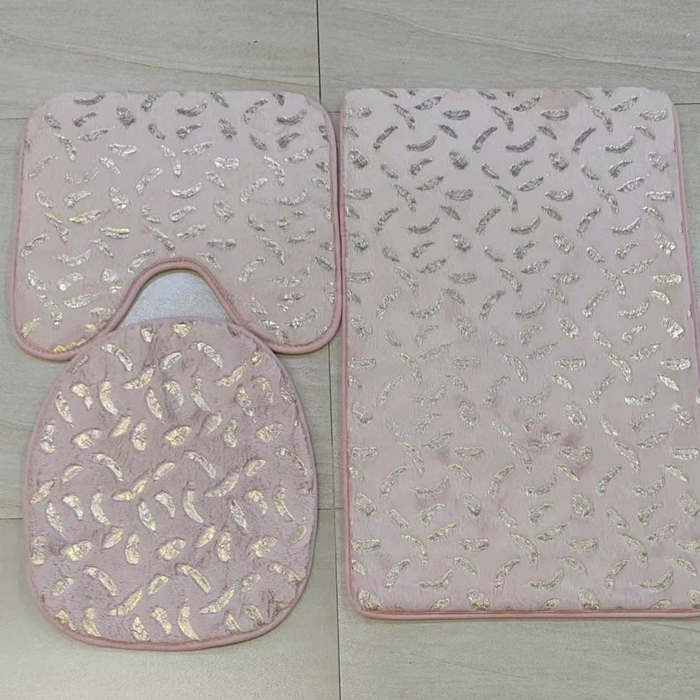 Three piece marbled foiled bathroom rug set with gold stamping feather pattern in four colour options