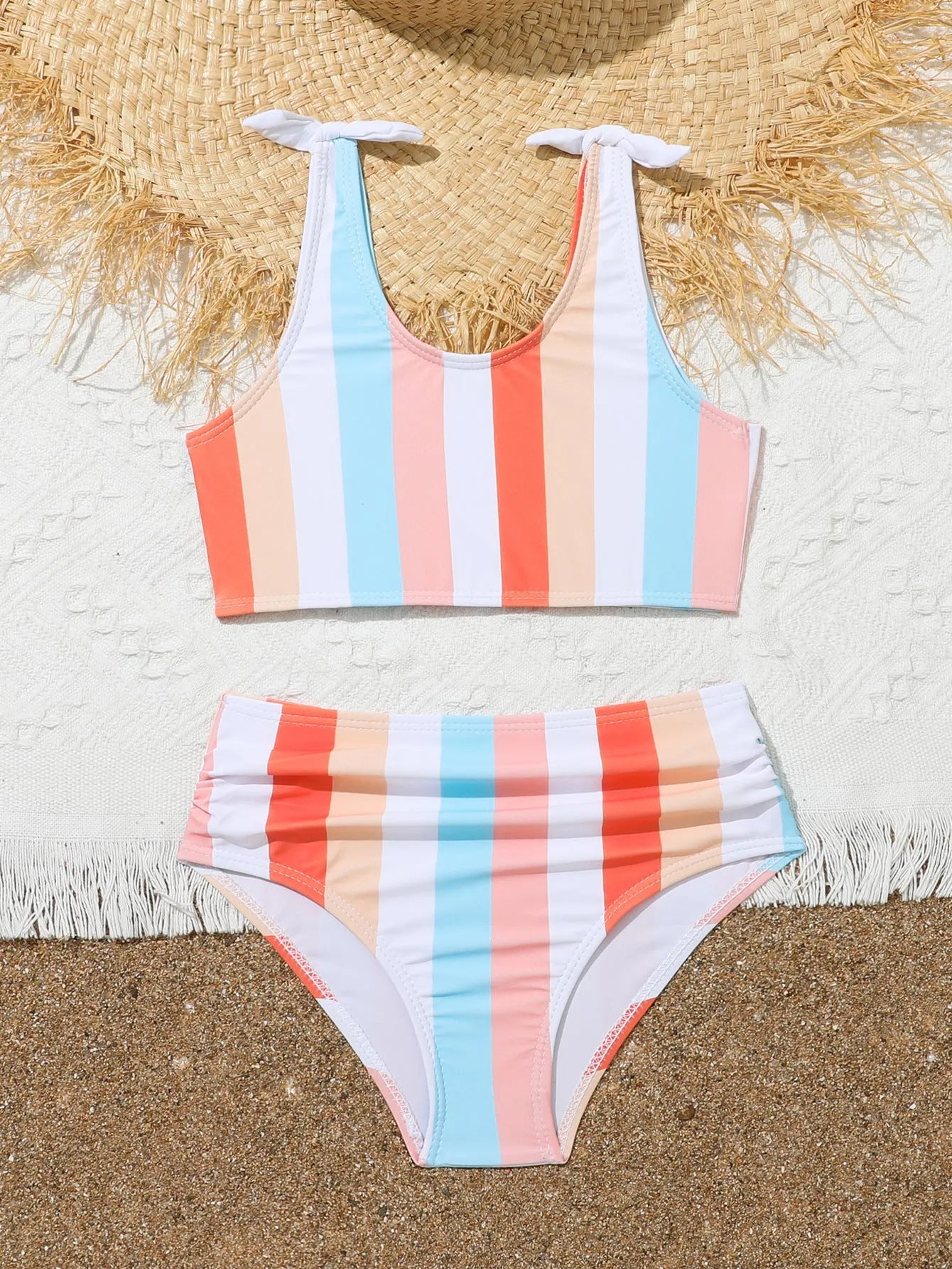 Girls' plaid print two-piece swimsuit bikini set on a white background