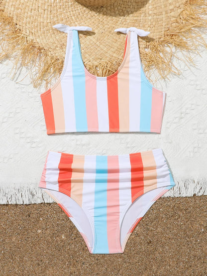Girls' plaid print two-piece swimsuit bikini set on a white background