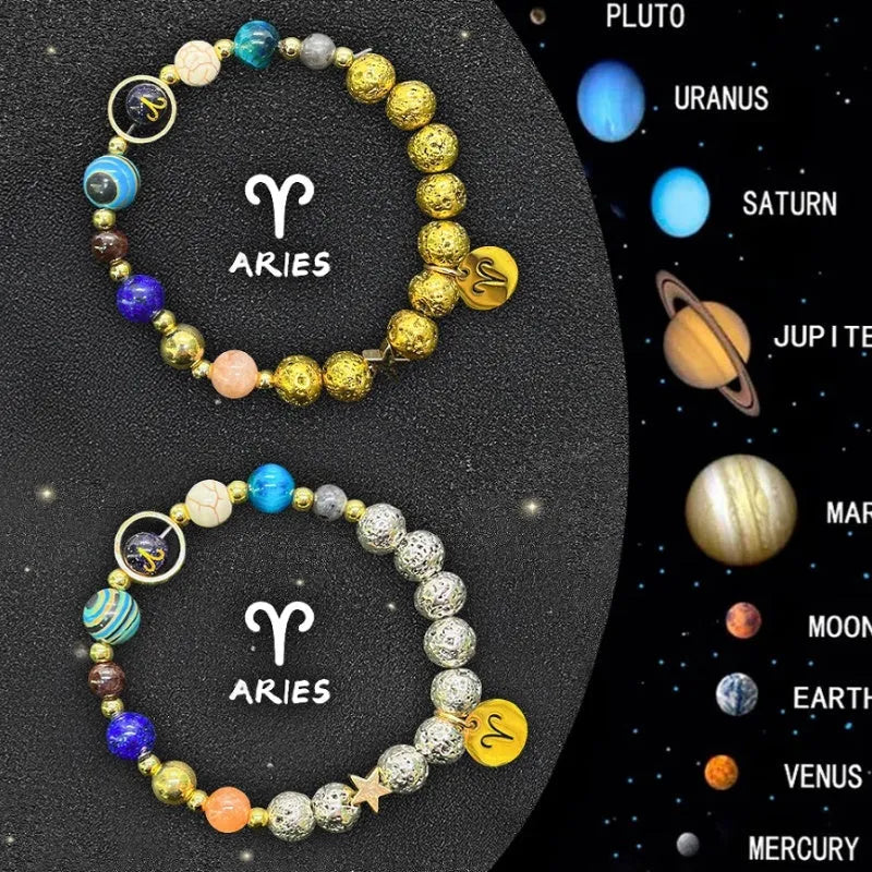 Two adjustable beaded bracelets with zodiac signs on natural stone beads, length 18-22cm