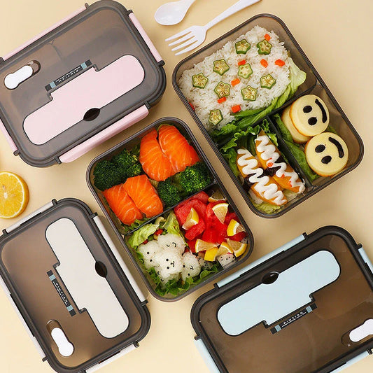 Versatile bento-style lunch box with multi-compartment design, flexible locking system, and included utensils for on-the-go meals