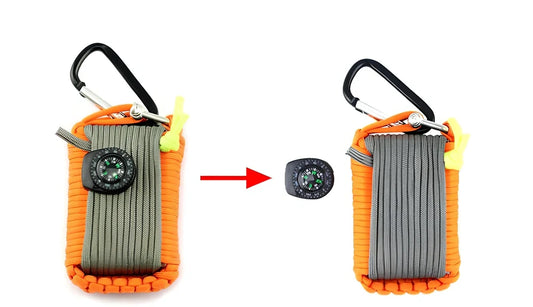 Hand-woven camping survival kit with 10.5m rope containing 25 tools including compass and medical supplies