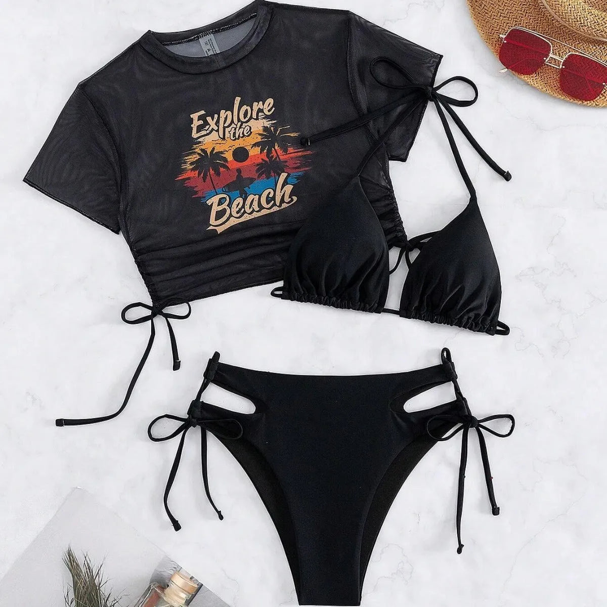 Three-piece women's bikini swimsuit set with short sleeves in black, white, pink, or orange red.