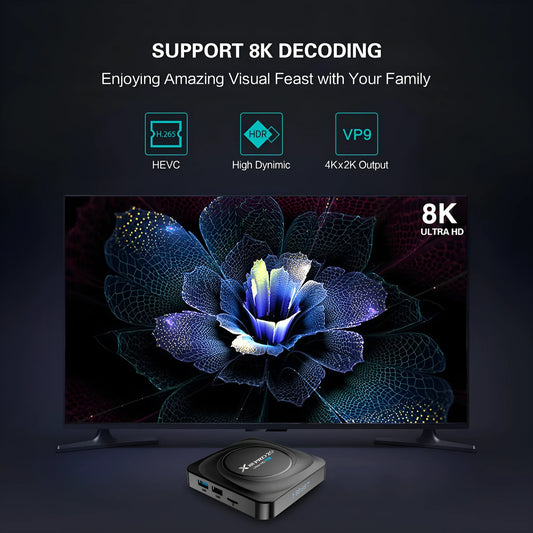 Android dual-band WiFi Bluetooth TV set-top box with remote control on a table
