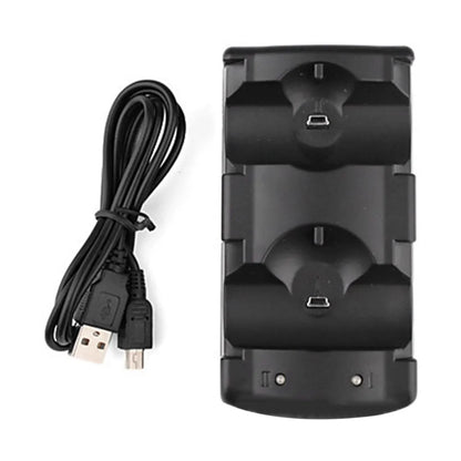 Black PS3 dual controller charging dock with USB cable, charging two wireless controllers