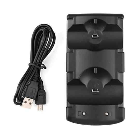 Black PS3 dual controller charging dock with USB cable, charging two wireless controllers