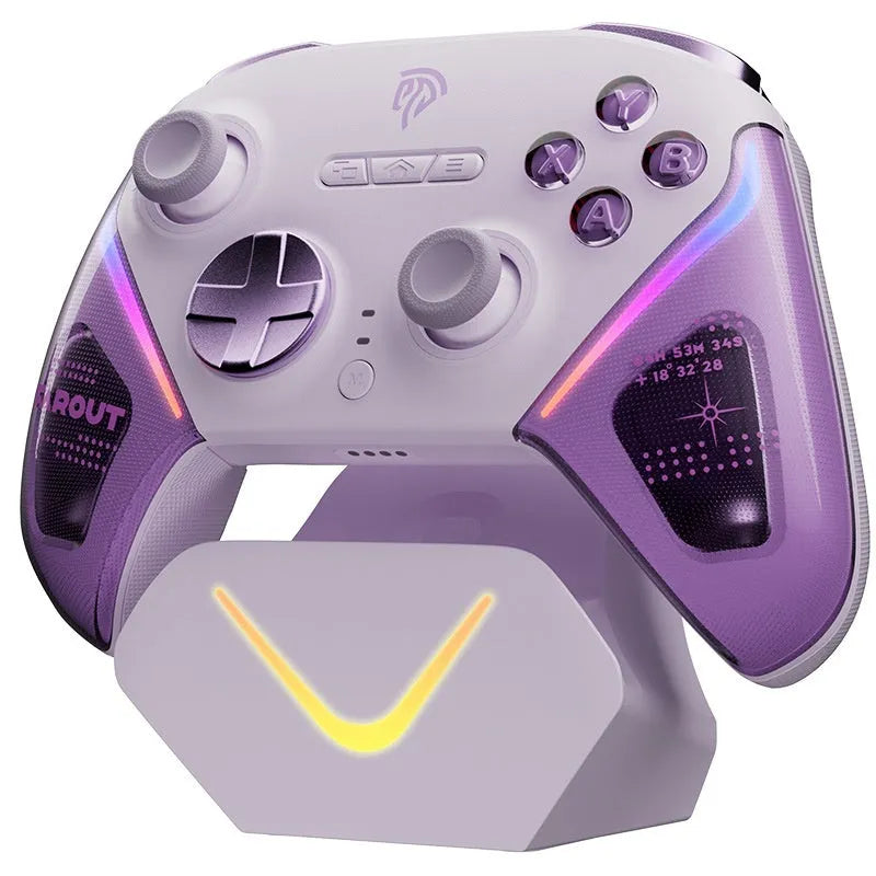 Rocker Smart gaming controller in black on its charging dock, showing textured double-cut triggers and Type-C port