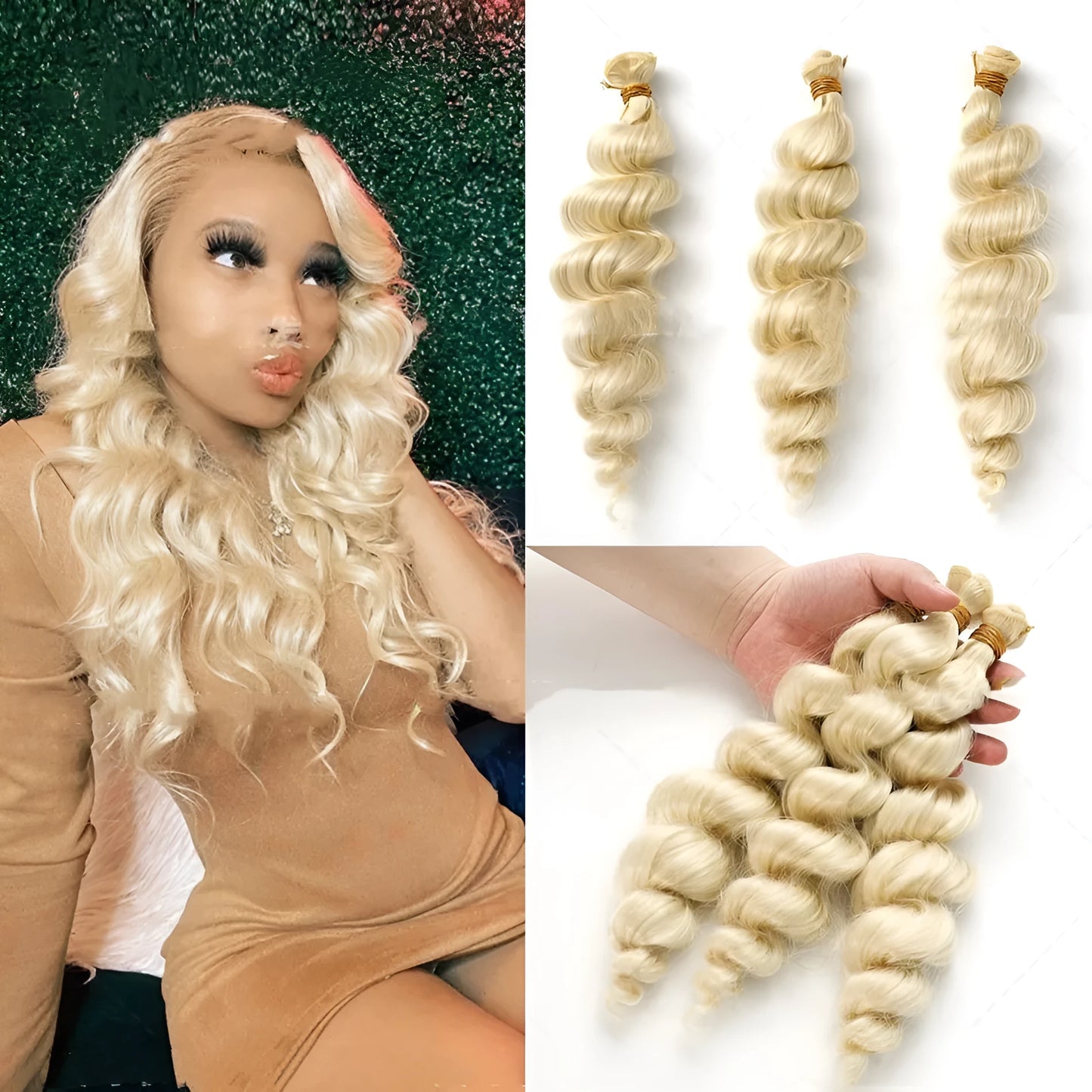 Golden high temperature fibre hair weft for women shown in 18, 20, and 22 inch length options.