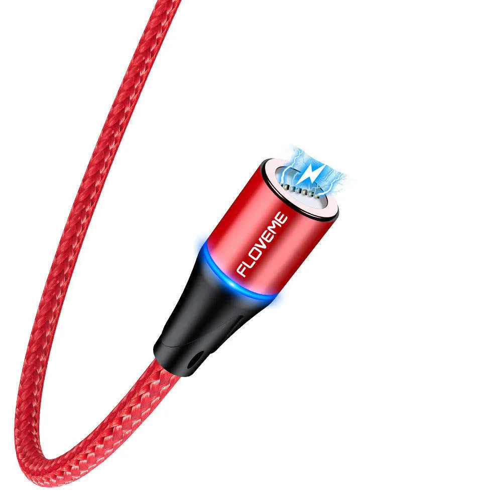 Black magnetic fast charge data cable with LED light and Type-C connector on a white background.