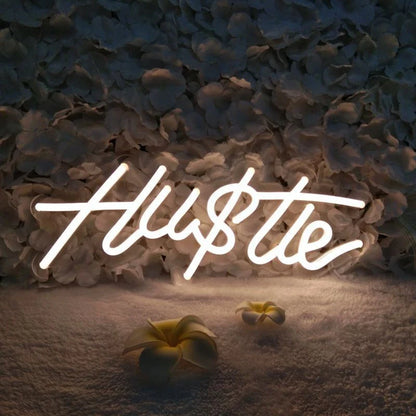 Stylish neon letter lights in various designs, including 'FUCK OFF', 'ON AIR', 'HAPPY', 'RELAX', 'HUSTLE', and 'HUSTE', illuminating a cozy living space.