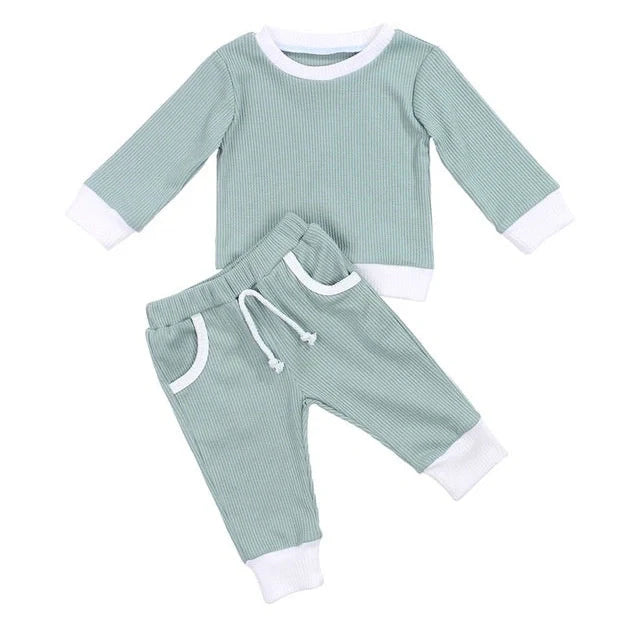 Girls' linen jacket and trousers set in brown, green, pink, or white, sizes 6M to 4T