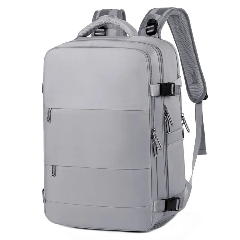 Large purple Oxford cloth travel backpack with multiple compartments and an air pillow belt.