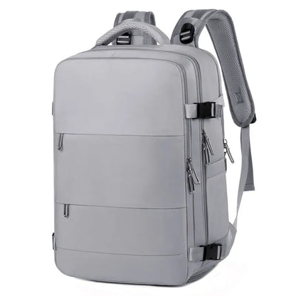 Large purple Oxford cloth travel backpack with multiple compartments and an air pillow belt.