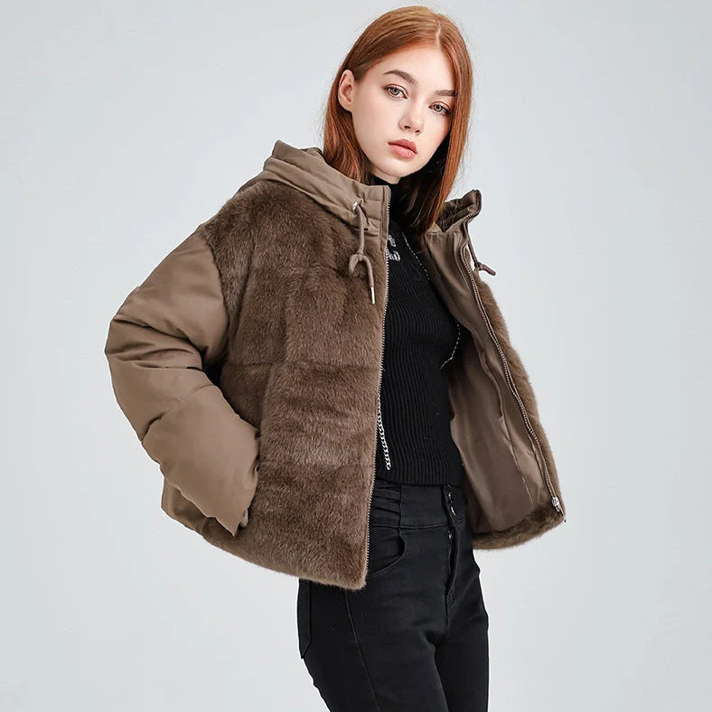 High-waisted feather down plush short jacket with 3D pattern in loose fit