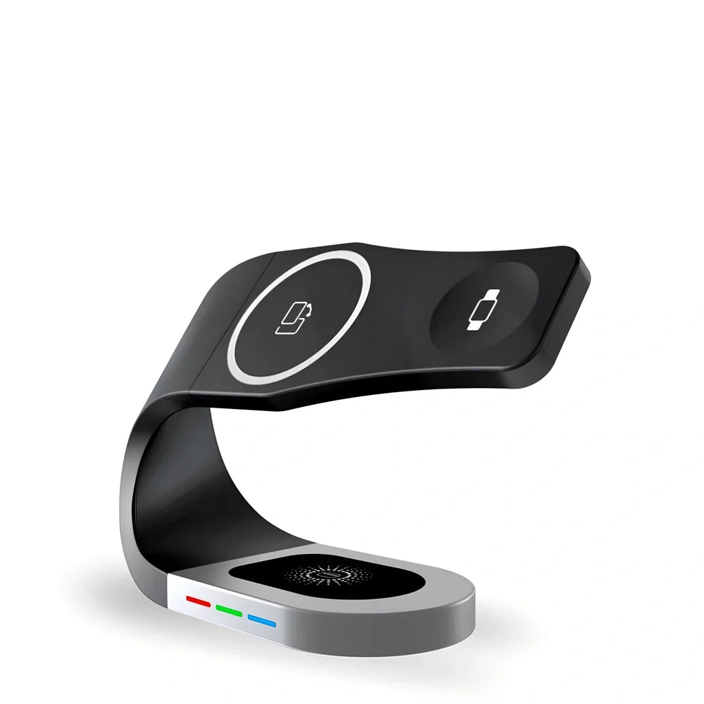 Three-in-one wireless magnetic suction bracket showing black finish and compact design