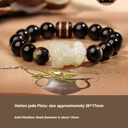 Traditional Chinese Hetian jade bracelet with black and red adjustable ropes and jade beads