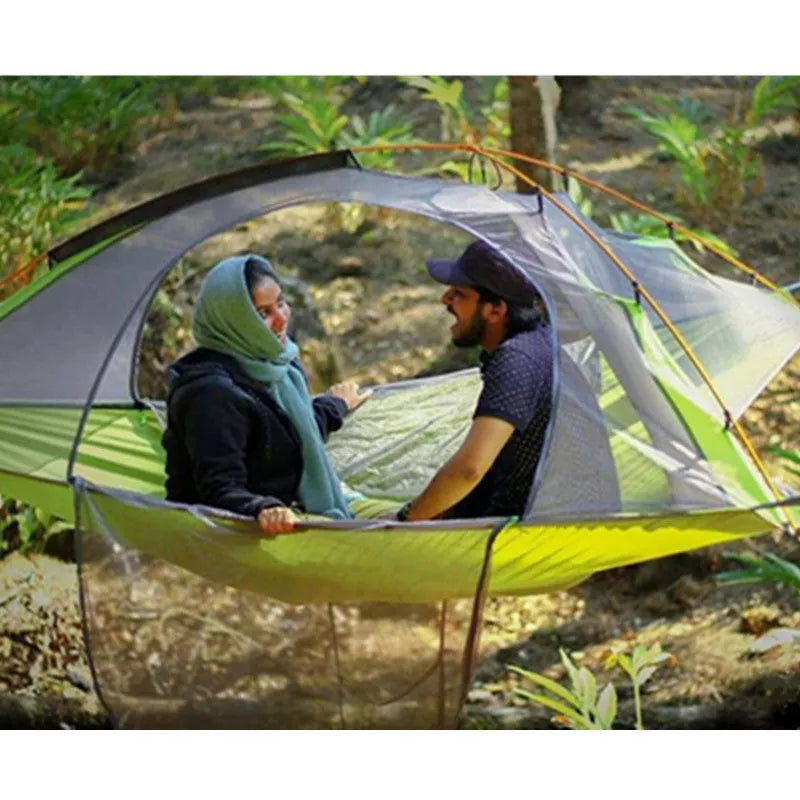 Off-ground tent with aluminum poles and Oxford cloth base for camping and hunting