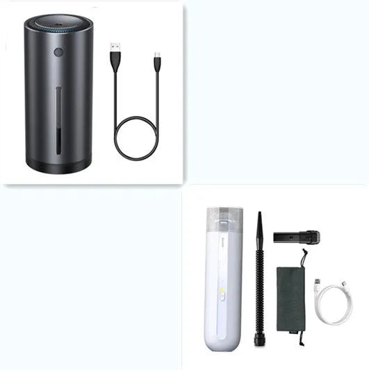 BASEUS handheld car vacuum cleaner in black with blowing hose attachment, showing compact size and dust bin