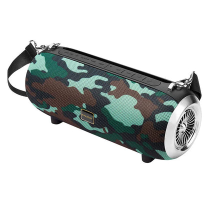 F666 Mini portable Bluetooth speaker in black with retractable FM antenna and shoulder strap.