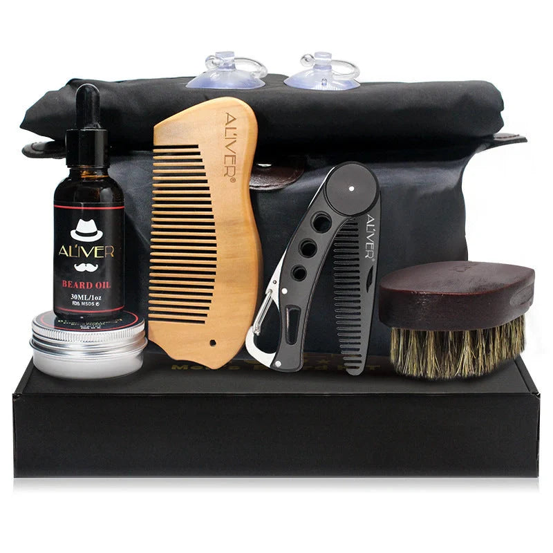 Men's beard grooming set with wooden brush, metal comb, and scissors