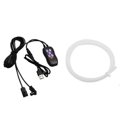 Flexible car LED ambient lighting strip installed on dashboard with USB power cable and colour-changing effects