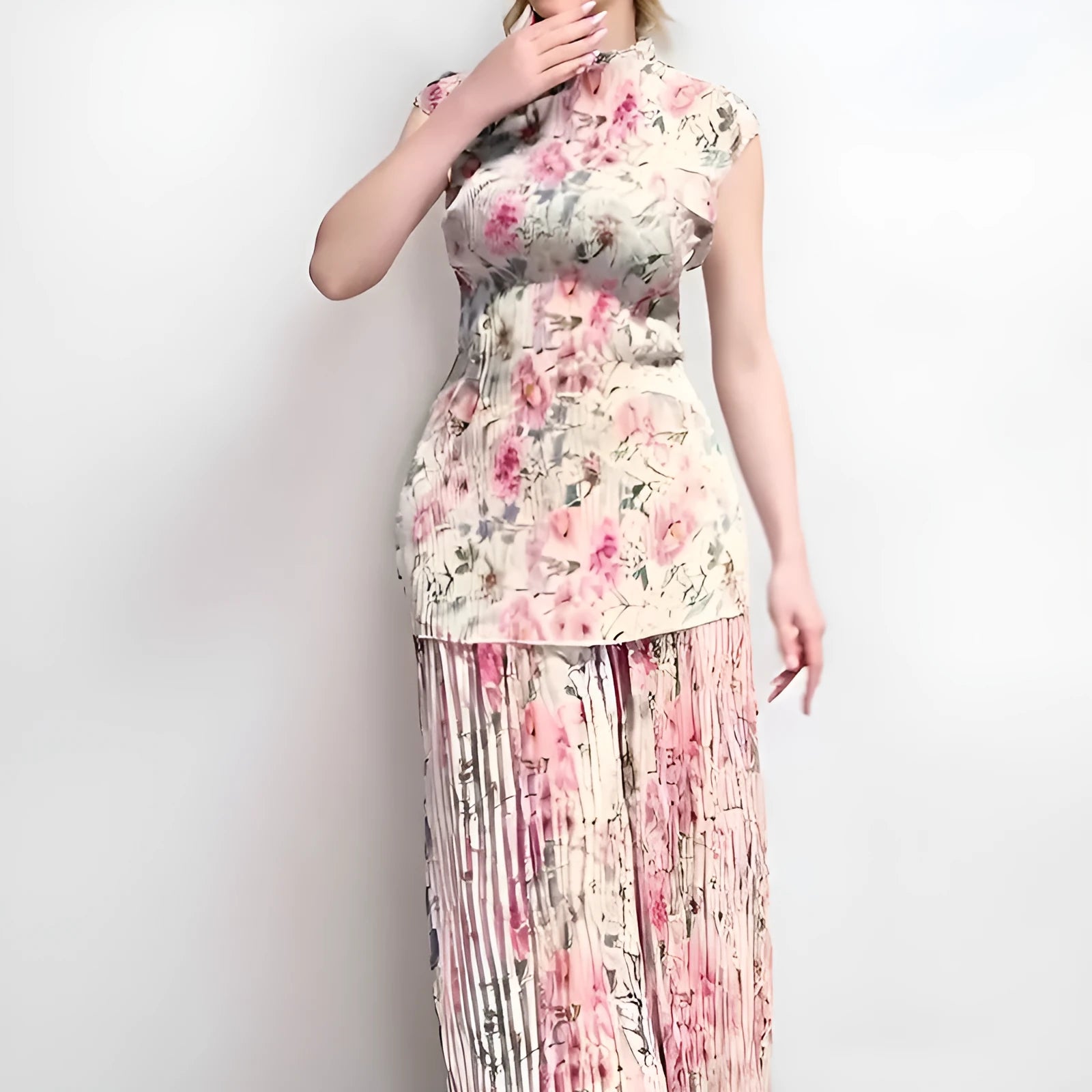 Long sleeve printed chiffon dress set with high waist, showing skirt and top in picture colour