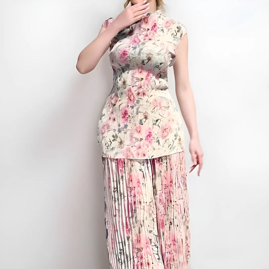 Long sleeve printed chiffon dress set with high waist, showing skirt and top in picture colour