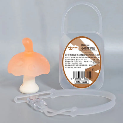 Small mushroom gum in mushroom pink or nano colour with transparent box and optional chain for chewable aid