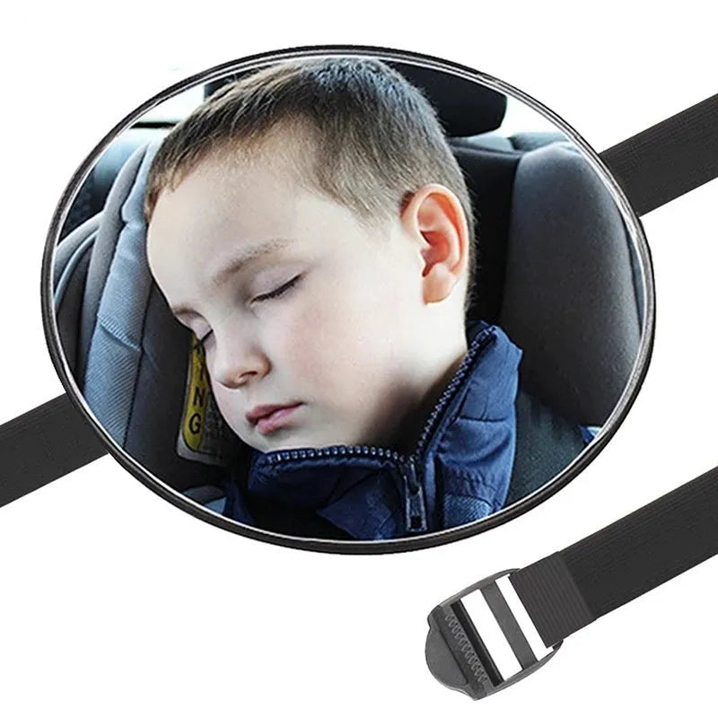 Black ABS baby car rearview mirror with 17cm outer diameter, 16.5cm chassis, and 85cm ribbon