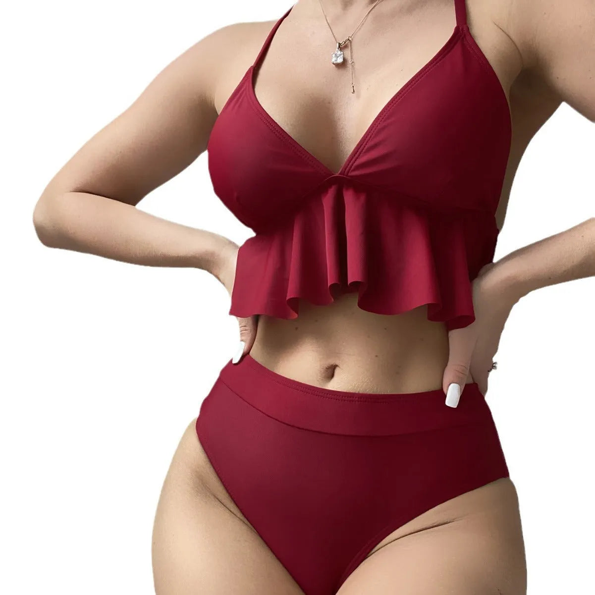 Women's solid colour split bikini swimsuit in black, green, red, or blue.
