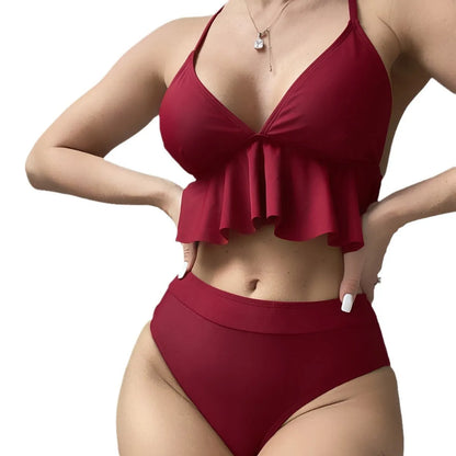 Women's solid colour split bikini swimsuit in black, green, red, or blue.