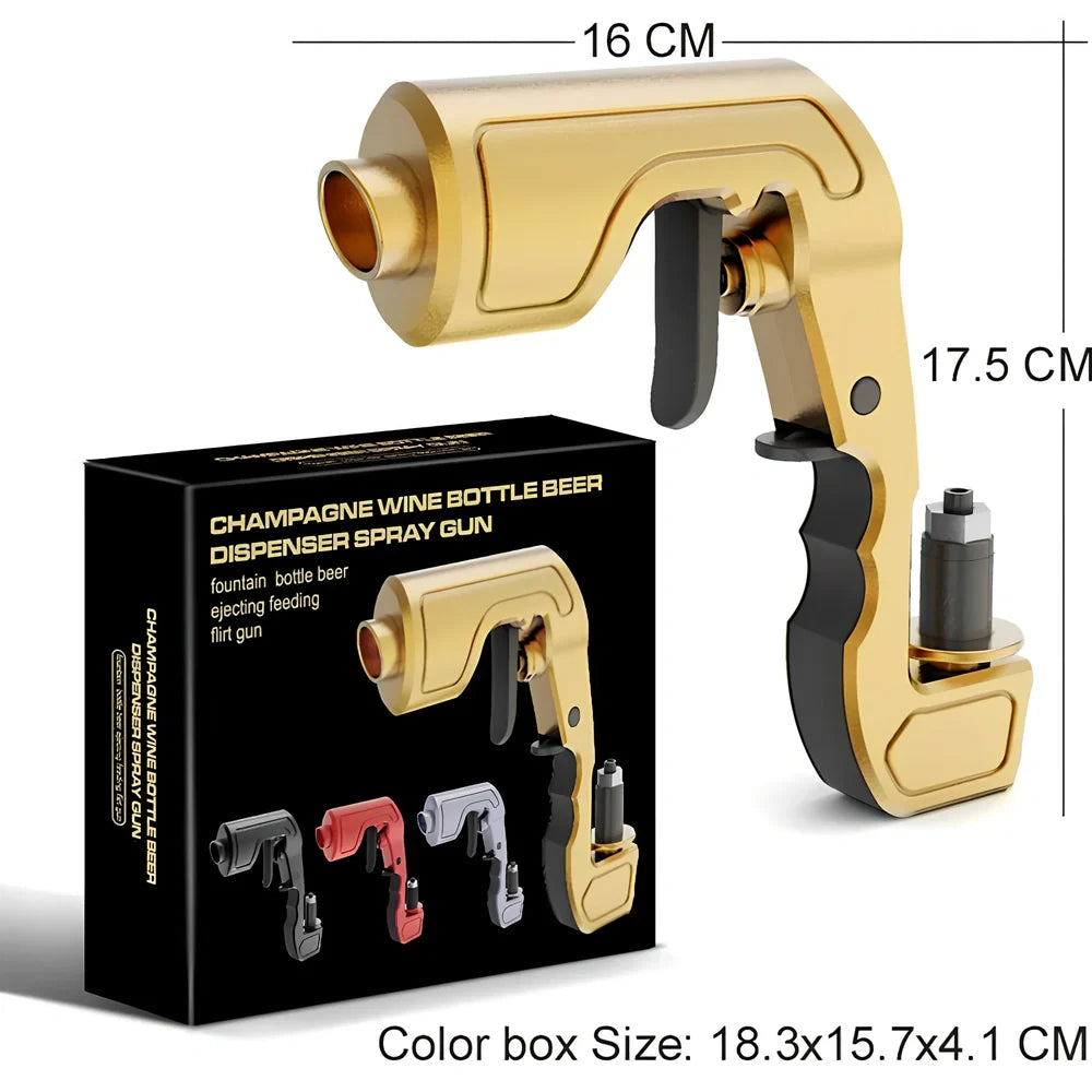 Plastic champagne jet gun for bar parties in gold, black, red and silver colour options