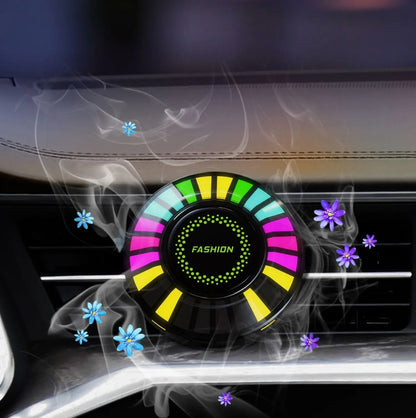 Car atmosphere light with RGB lighting installed in air vent, showing voice control and aromatherapy functions