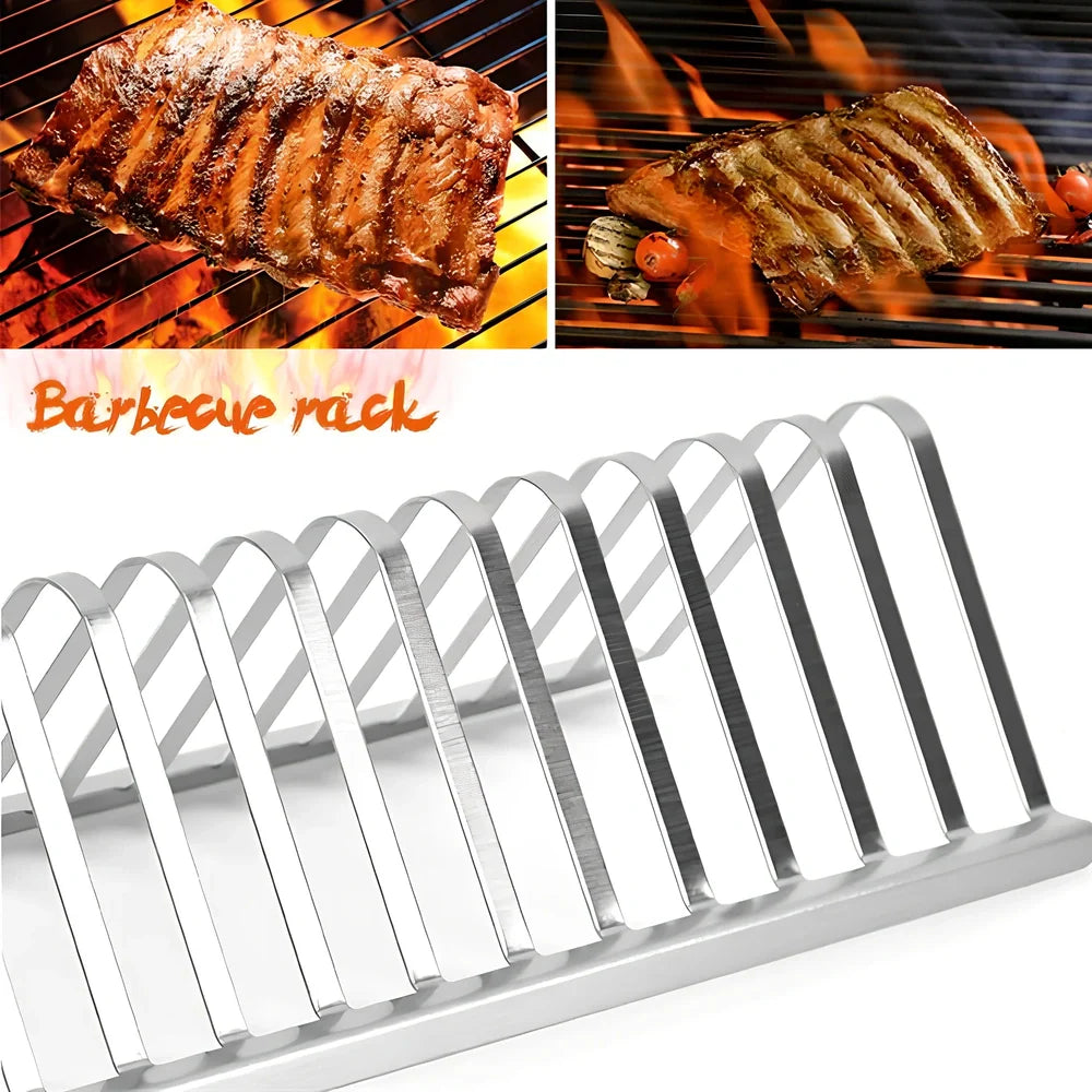 Stainless steel barbecue grill holder with vertical meat racks measuring 31cm length