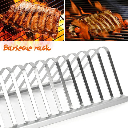 Stainless steel barbecue grill holder with vertical meat racks measuring 31cm length