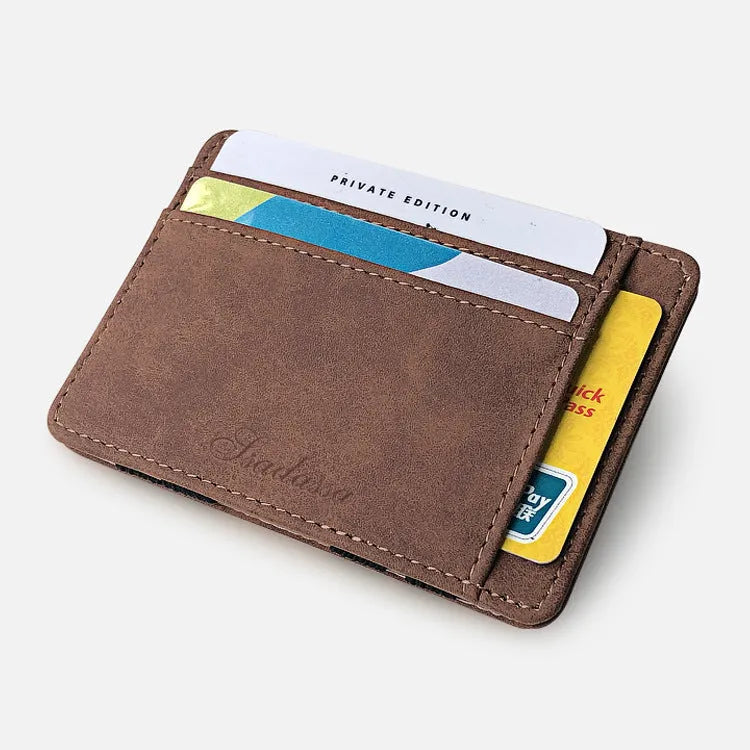Matte leather magic wallet in horizontal square shape with sewing line detail and coin pocket