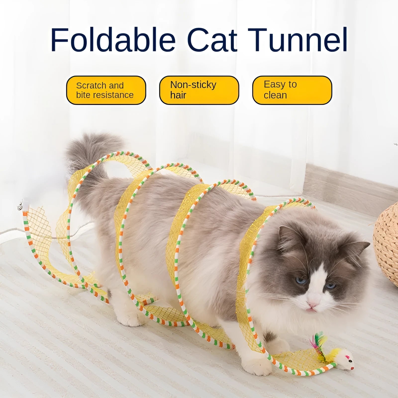 Blue and yellow collapsible cat tunnel with long pole teasing stick and feather attachments.