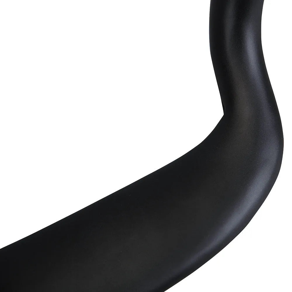 Black carbon fibre road bicycle handlebar showing large-angle outer sweep and 31.8mm clamp area.