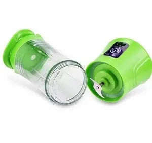 Portable electric fruit juicer handheld smoothie maker with USB rechargeable battery, 400ml capacity cup, 18000 RPM motor speed, and 150W power for fresh juice on the go, available in blue and pink colours