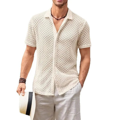 Men's short sleeve lapel shirt in cotton blend fabric shown in black, white and beige colour options